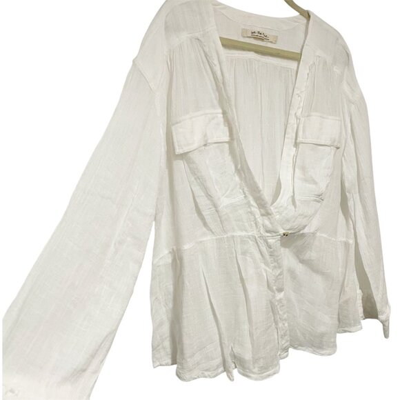 Women's Free People White Sheer Deep V Safari Wrap Long Sleeve XL Beachy Coastal - Picture 3 of 11